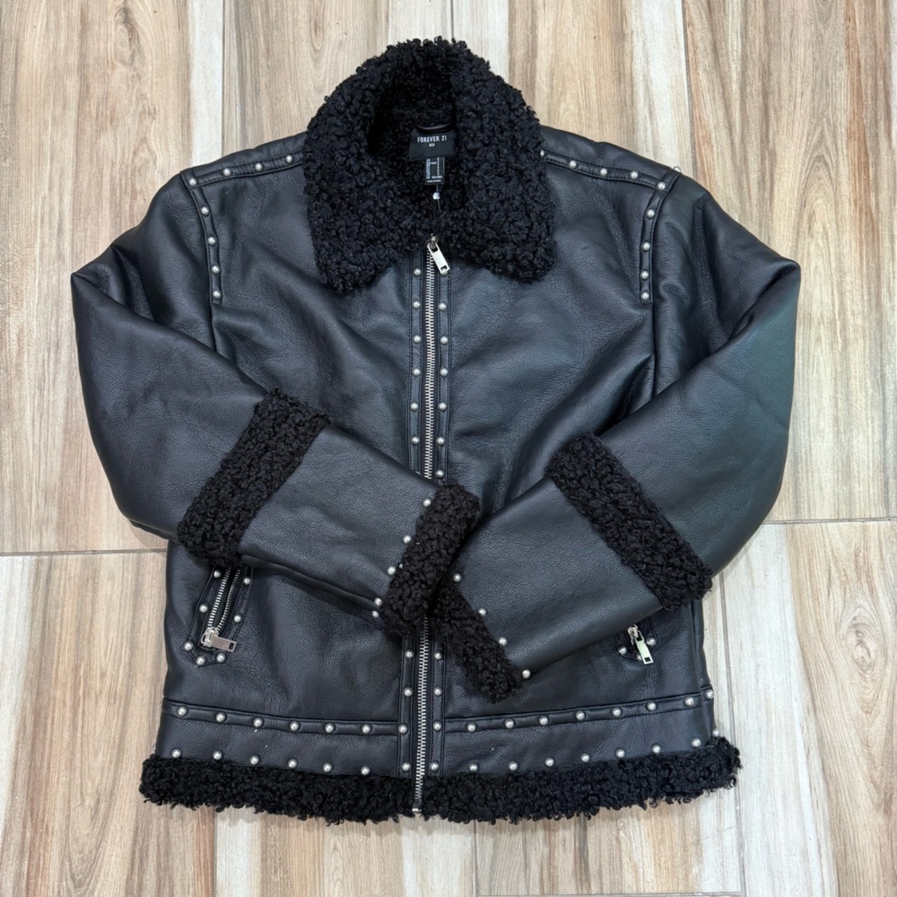Forever 21 Black Leather Jacket with Shearling Accents